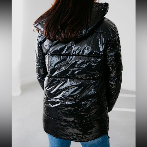 Mono B Faux Leather Jacket Size Large Black Puffer High Neckline Removable Hood - Picture 3 of 13